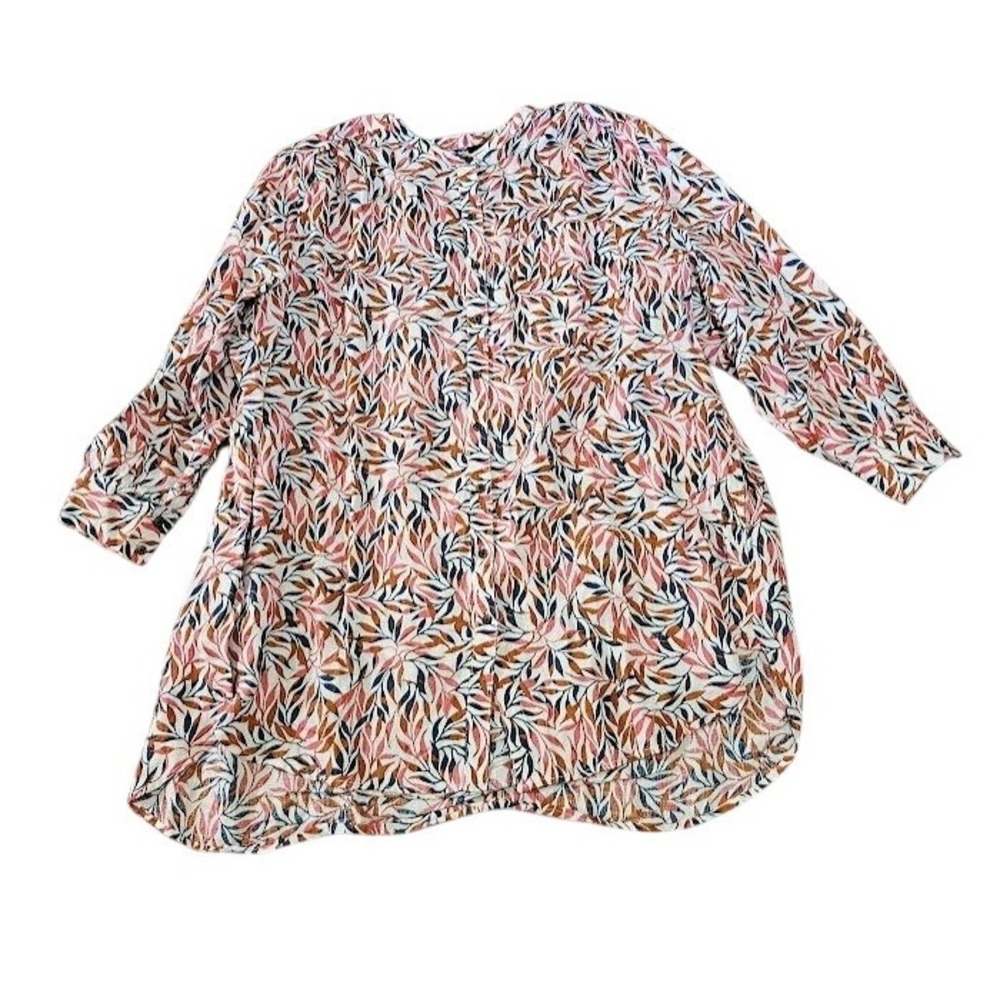 Lands End 100% Linen Tunic Top Women 2X Pink Leaf Print Button Front Pockets